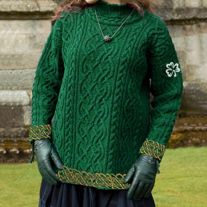 Women's Irish Celtic Knotted Trefoil Jacquard Aran Sweater elevenforest