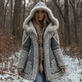 Women's Vintage Celtic Knot Knitted Print Fur Collar Zipper Sweater Jacket artswardrobe