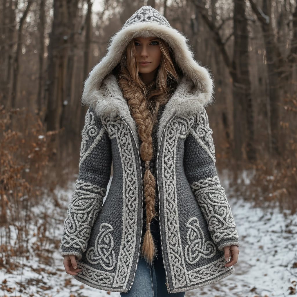 Women's Vintage Celtic Knot Knitted Print Fur Collar Zipper Sweater Jacket artswardrobe