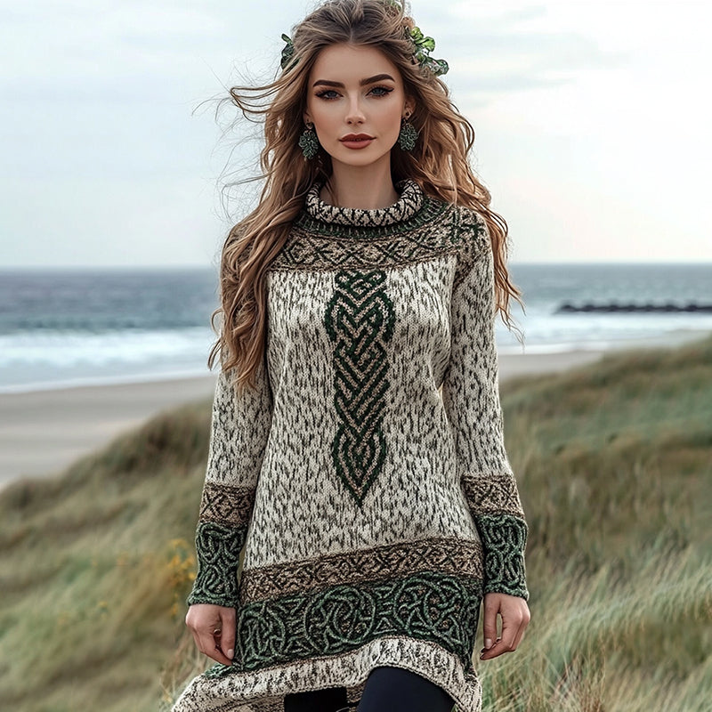 Women's Irish Celtic Knotted Jacquard Crew Neck Sweater Dress artswardrobe