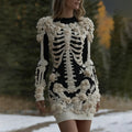 Women's Halloween Skeleton Bones With Rose Art Cozy Knit Mini Sweater Dress artswardrobe