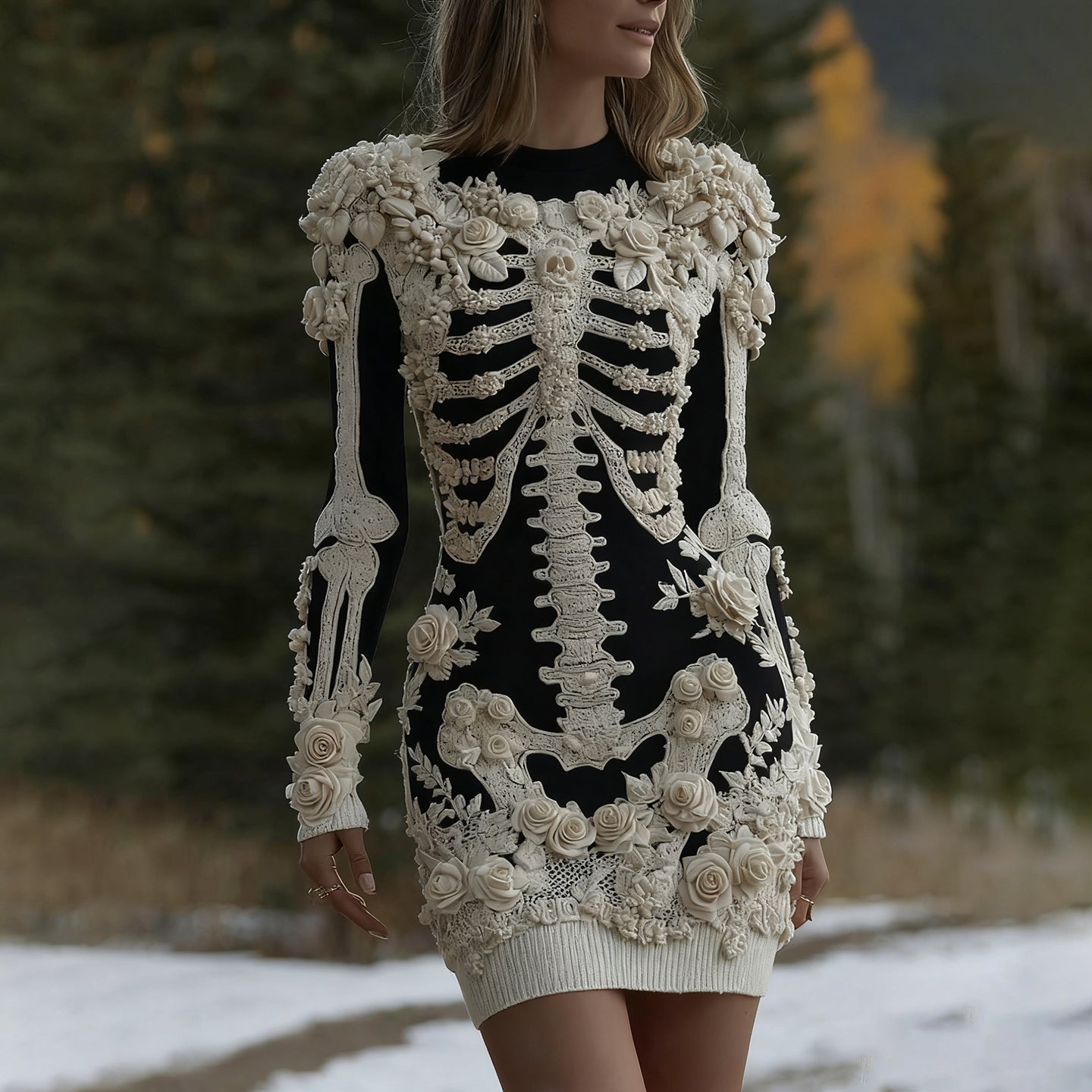 Comstylish Women's Halloween Skeleton Bones With Rose Art Cozy Knit Mini Sweater Dress
