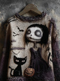 Halloween Gothic Girl & Black Cat Knit Art Cozy Sweater artswardrobe