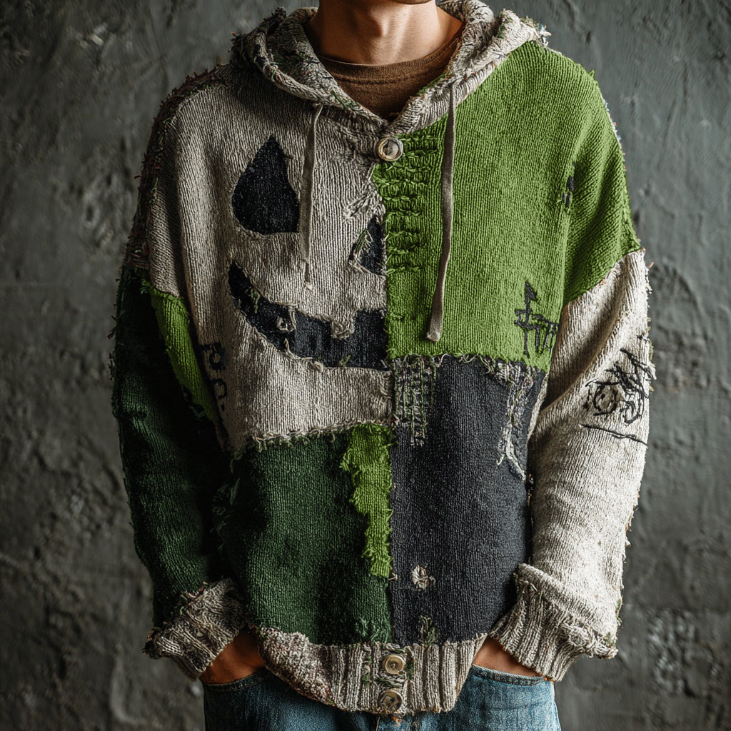 Men's Halloween Pumpkin Face Colorblock Stitched Cozy Knit Hooded Sweater artswardrobe