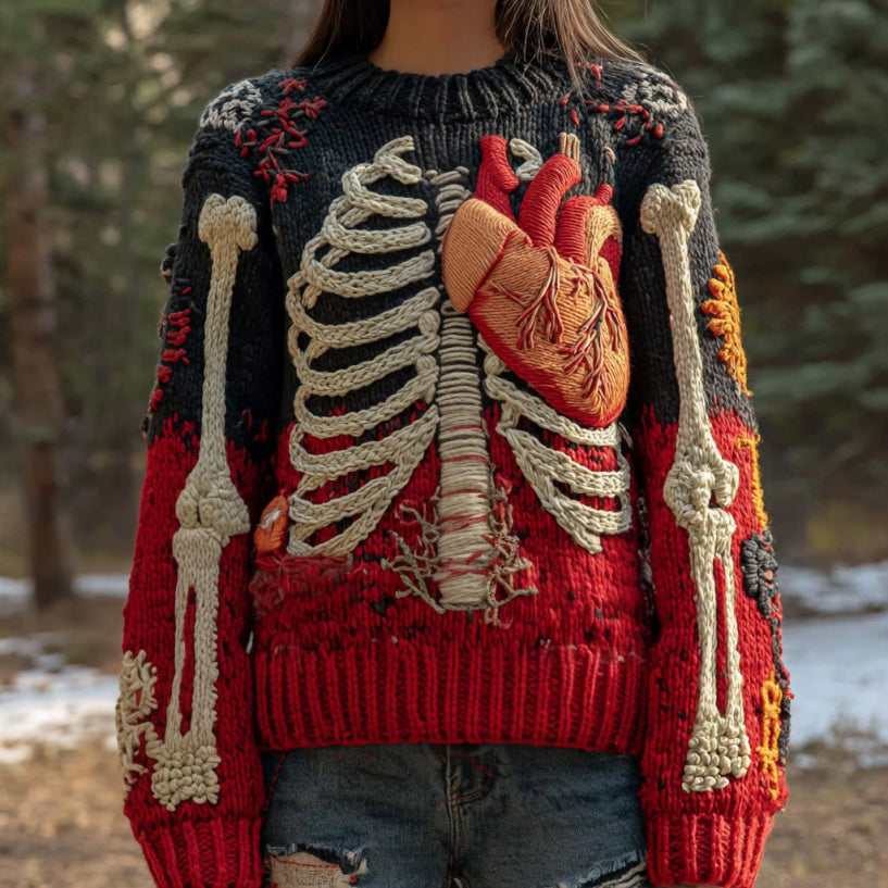 Vintage Halloween Anatomy And Red Heart Art Chunky Knitted Sweater artswardrobe