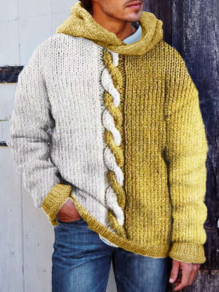 Men's Retro Cable Knit Contrast Color Hooded Sweater artswardrobe