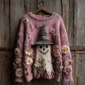 Comstylish Halloween Lovely Ghost Daisy Floral Crochet Cozy Knit Sweater