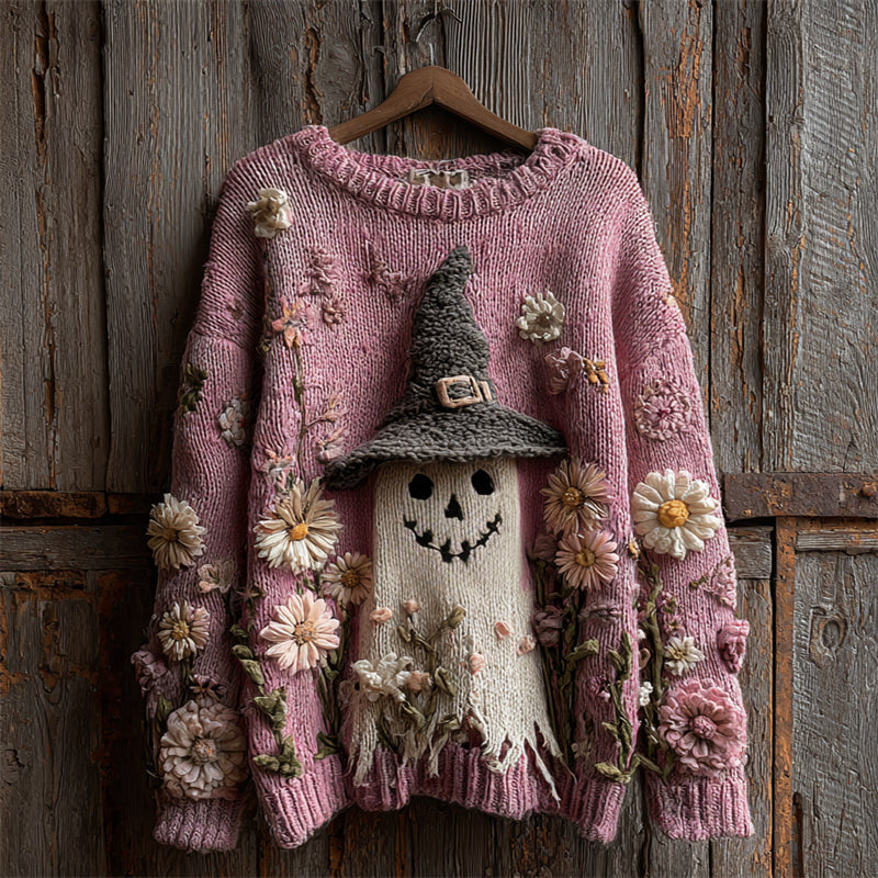 Comstylish Halloween Lovely Ghost Daisy Floral Crochet Cozy Knit Sweater