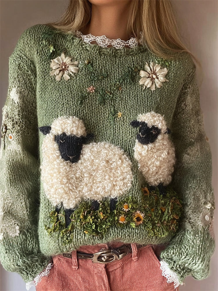 Comstylish Vintage Fuzzy Sheep Floral Embroidered Cozy Knit Sweater