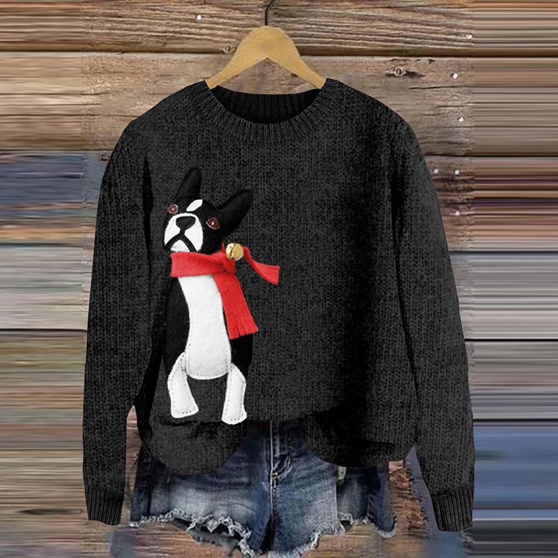 Comstylish Funny Boston Terrier Wear A Red Scarf At Christmas Applique Art Cozy Sweater