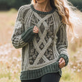 Women's Celtic Knot Jacquard Contrast Crew Neck Sweater artswardrobe