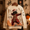 Men's Vintage Funny Christmas Black Cat Samurai Shooting Bee Art Jacquard Knit Sweater elevenforest