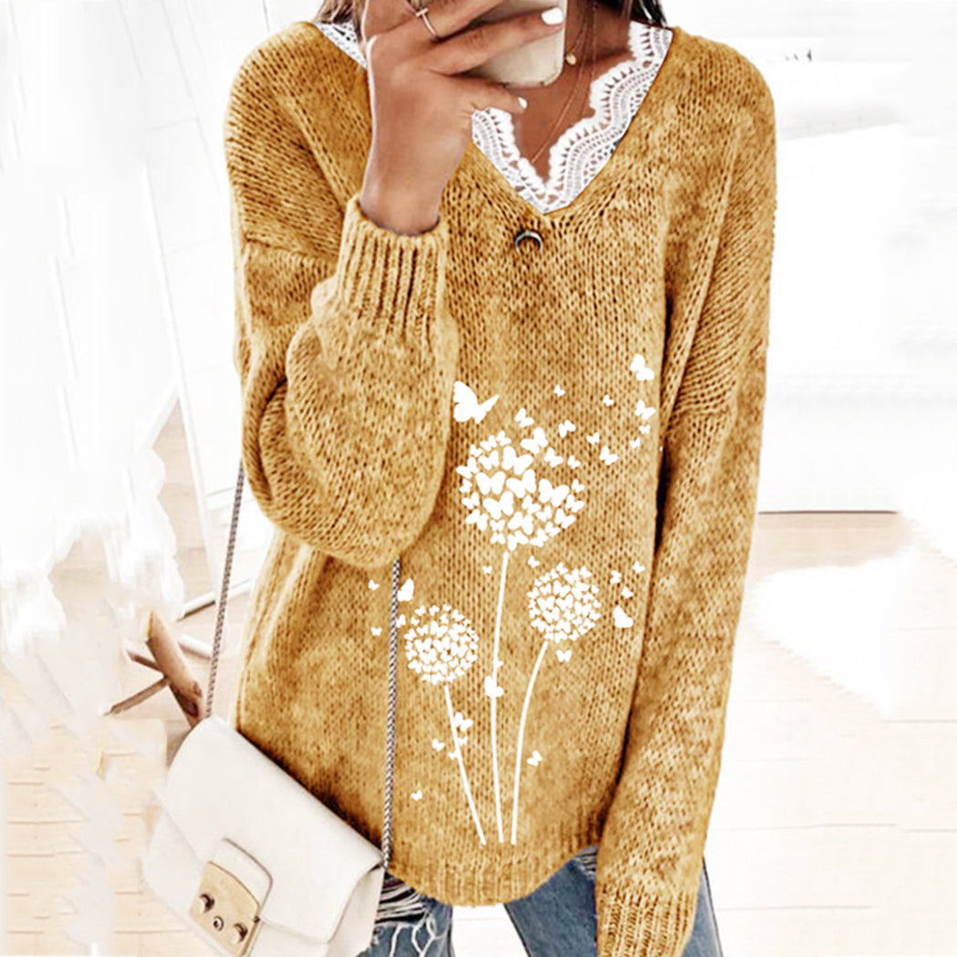Lace Dandelion Print V-Neck Knitted Sweater elevenforest