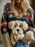 Women's Colorful Striped Plush Dog Pattern Embroidered V-neck Knit Sweater artswardrobe