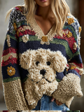 Comstylish Women's Colorful Striped Plush Dog Pattern Embroidered V-neck Knit Sweater