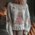 Women's White Christmas Tree & Floral Art Crew Neck Cozy Sweater artswardrobe
