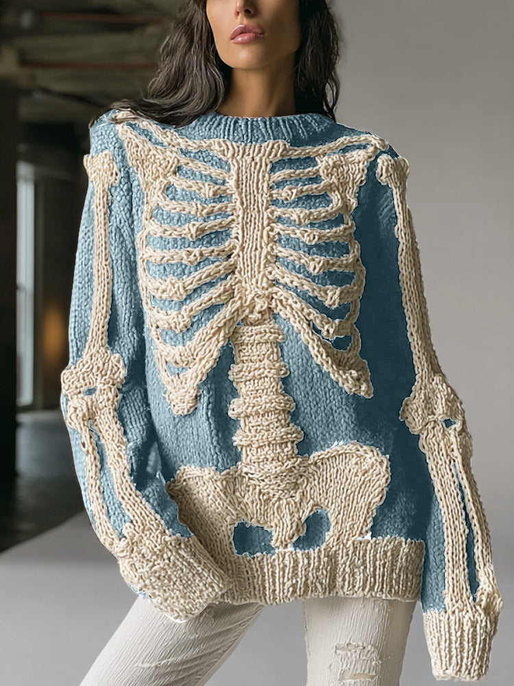 Comstylish Women's Vintage Halloween Skull Embroidered Sweater