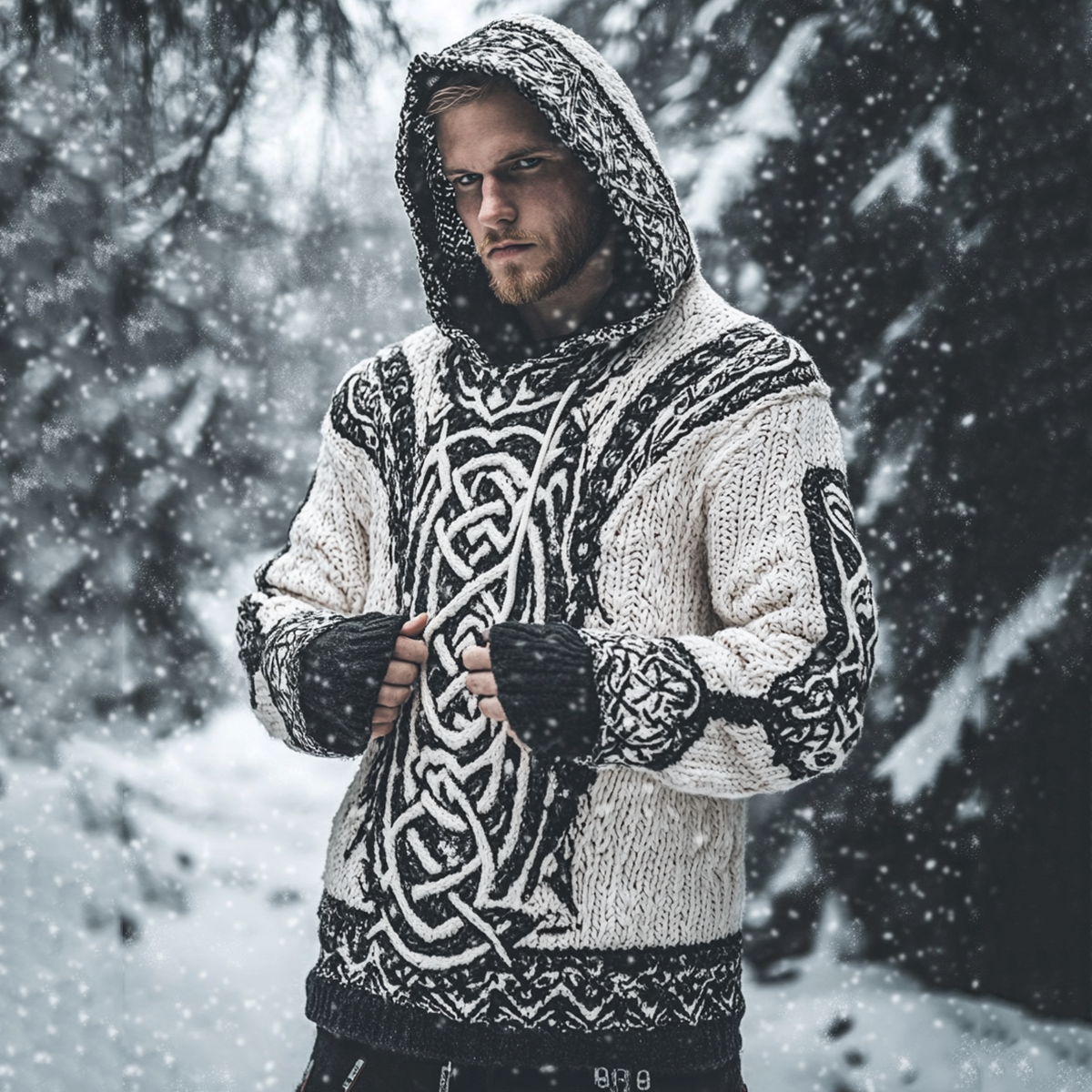 Men's Viking Style Knitted Jacquard Hooded Sweater artswardrobe
