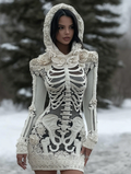 Comstylish Women's Vintage Halloween Skeleton Bones With Rose Art Cozy Knit Hooded Sweater Dress