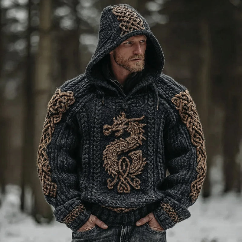 Men's Vintage Viking Dragon Celtic Art Jacquard Knitted Cozy Hooded Sweater artswardrobe