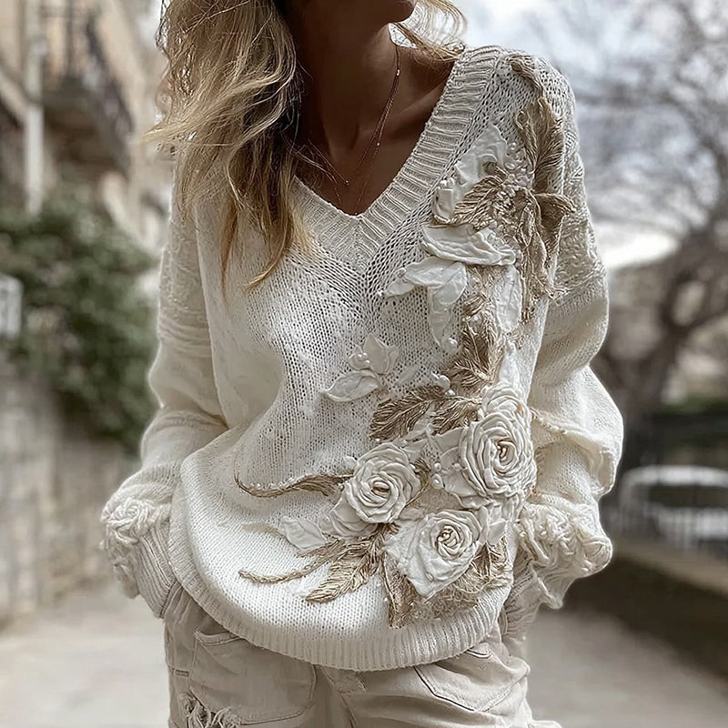 Women's White Rose Knitted Warm V-neck Sweater artswardrobe