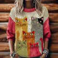 Women's Funny Cat Embroidery Round Neck Sweater artswardrobe