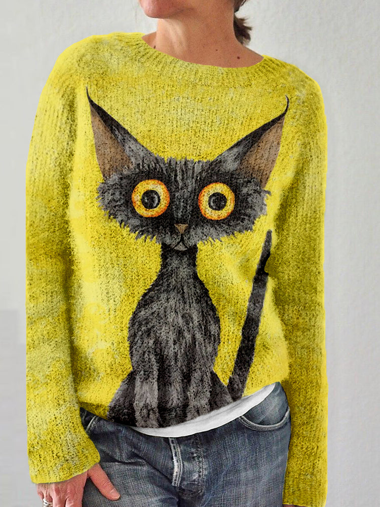 Lovely Black Cat Graphic Vintage Cozy Sweater elevenforest