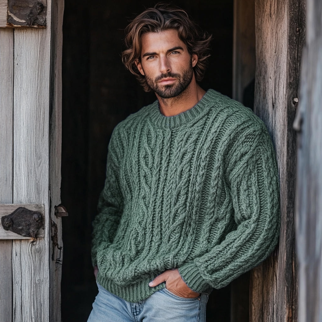 Men'S Burlap Jacquard Crew Neck Aran Sweater artswardrobe
