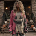Halloween Spooky Face Contrast Stitched Cozy Knit Sweater artswardrobe