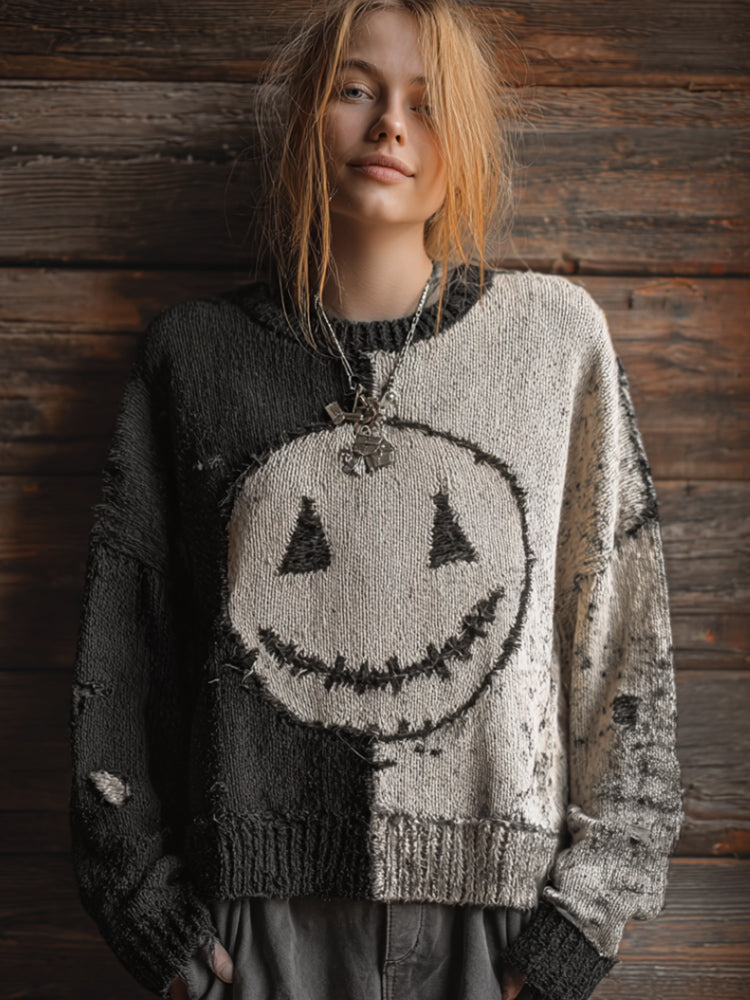 Halloween Black And White Color-blocked Smiley Face Casual Vintage Sweater artswardrobe