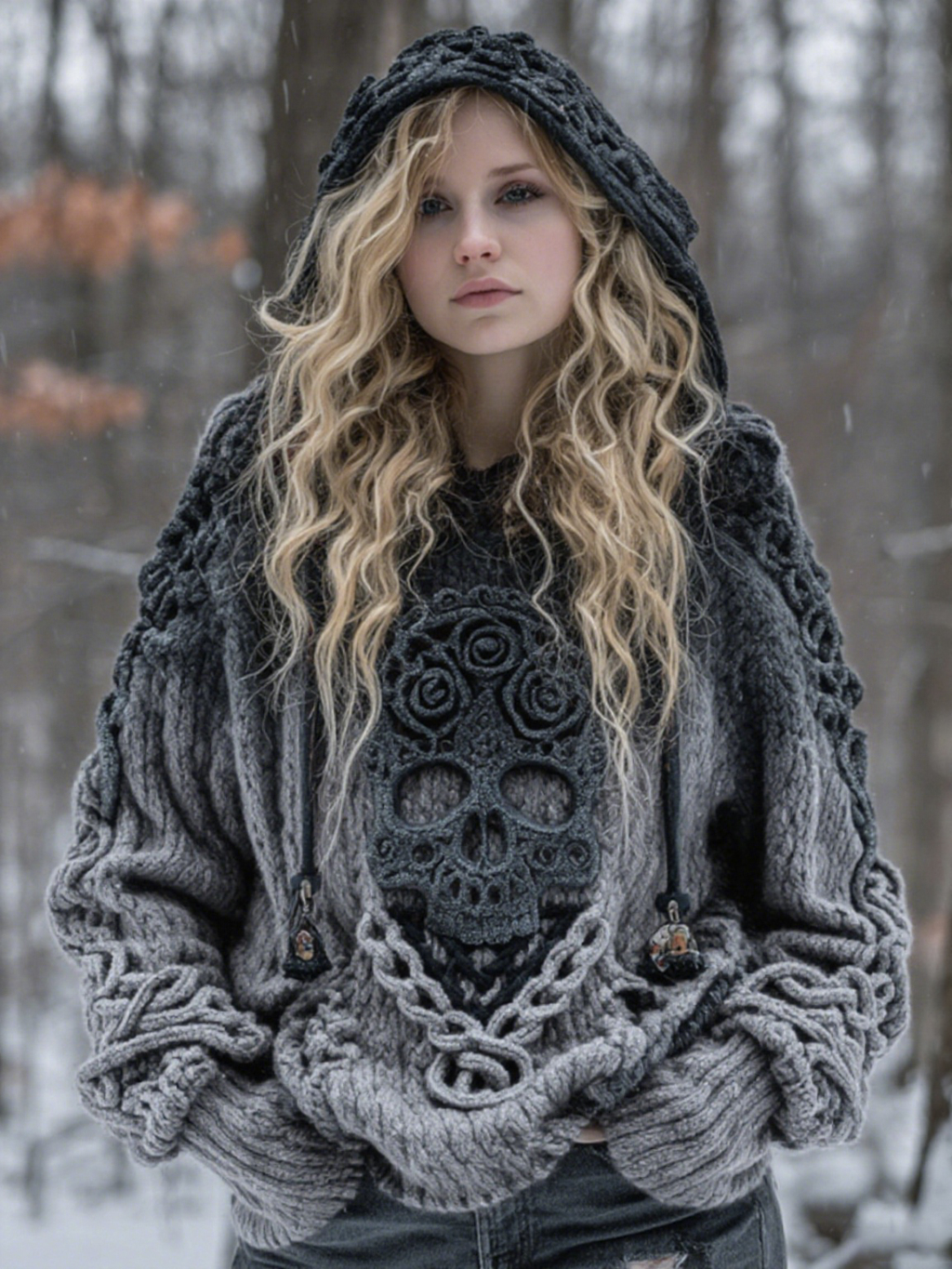 Women's Vintage Viking Tribal Celtic Skull Gradient Art Chunky Knit Hooded Sweater artswardrobe