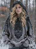 Women's Vintage Viking Tribal Celtic Skull Gradient Art Chunky Knit Hooded Sweater elevenforest
