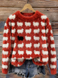 Comstylish Vintage Cute Sheeps Pattern Round Neck Plush Sweater