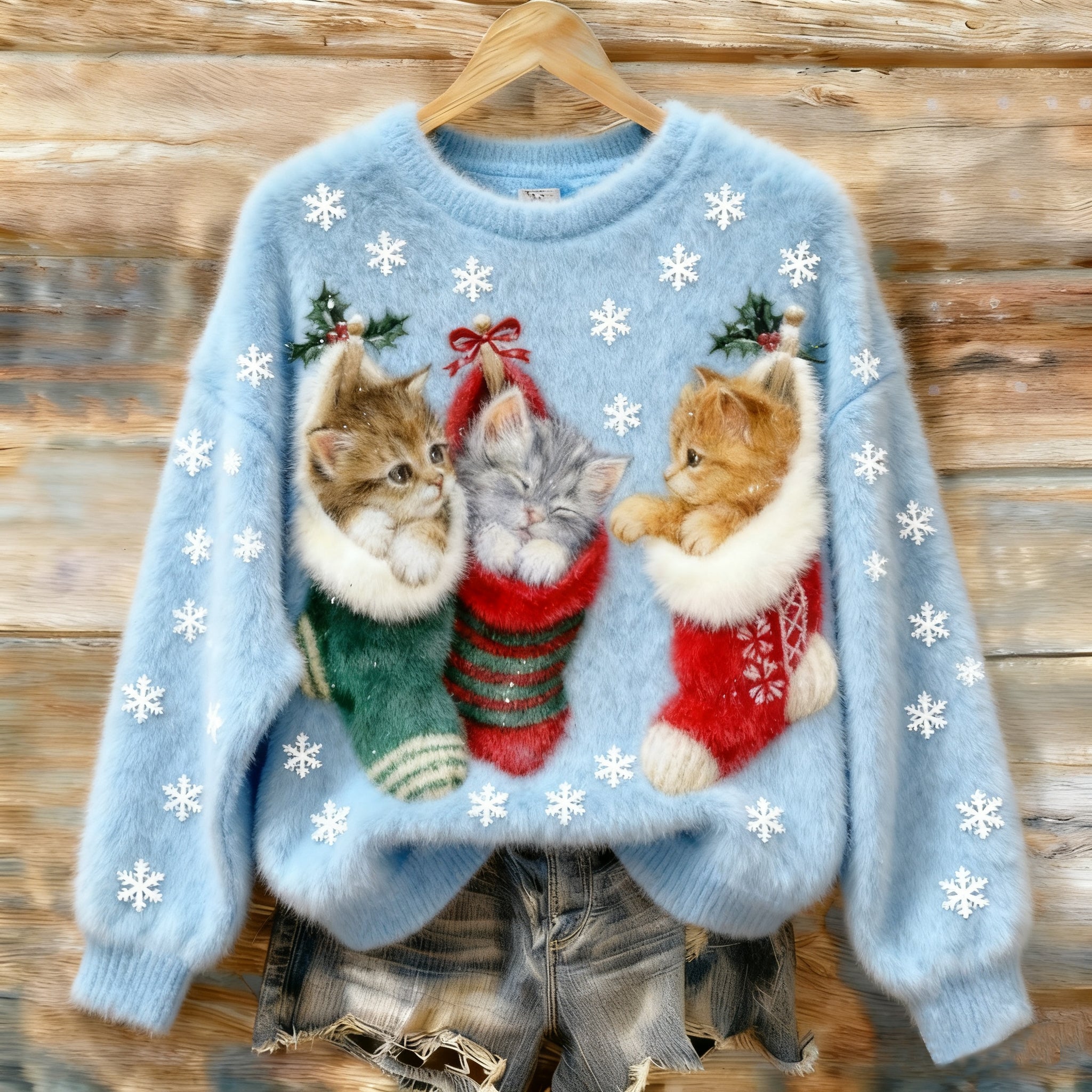 Vintage Christmas Stocking Kitten Art Women's Cozy Plush Sweater