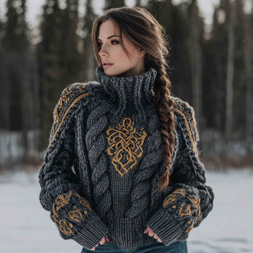Women's Viking Celtic Knot Jacquard Warm Turtleneck Sweater artswardrobe