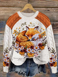 Fall Sleeping Fox Floral Embroidered Cozy Knit Sweater artswardrobe