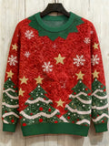 Comstylish Christmas Tree Snowflake Print Crew Neck Sweater