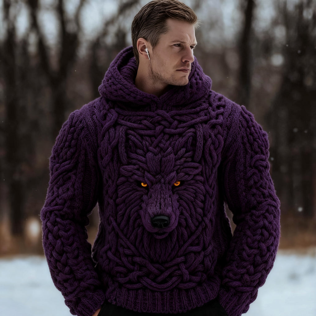 Men's Viking Celtic Wolf Knit Chunky Hooded Sweater artswardrobe