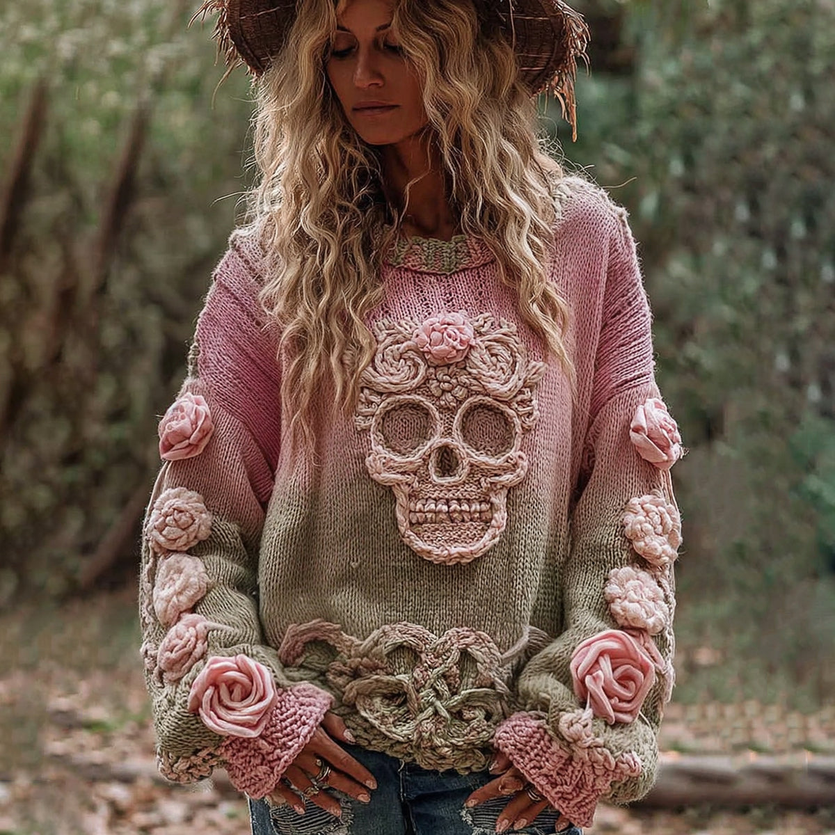Women's Viking Tribal Jacquard Celtic With Rose And Skull Inspired Chunky Knit Round Neck Sweater elevenforest
