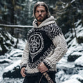 Men's Viking Tribal Jacquard Celtic Knotwork Vintage  Rune Inspired Chunky Knit Hooded Sweater artswardrobe