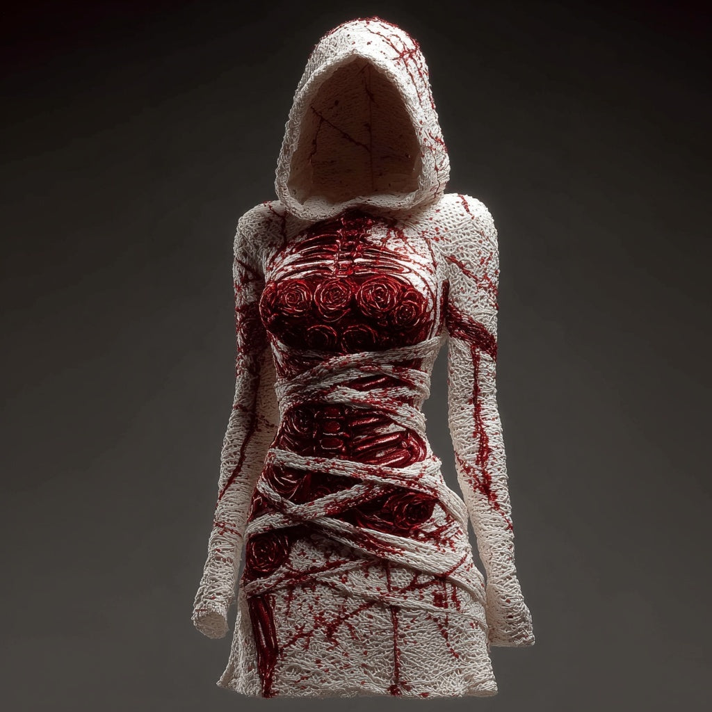 Comstylish Classy Skeleton Bloody Roses Bandages Hooded Sweater Dress