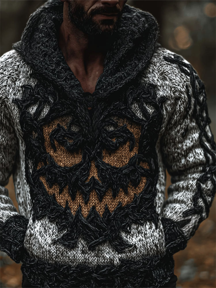 Men's Halloween Pumpkin Face Contrast Hooded Cozy Chunky Sweater elevenforest