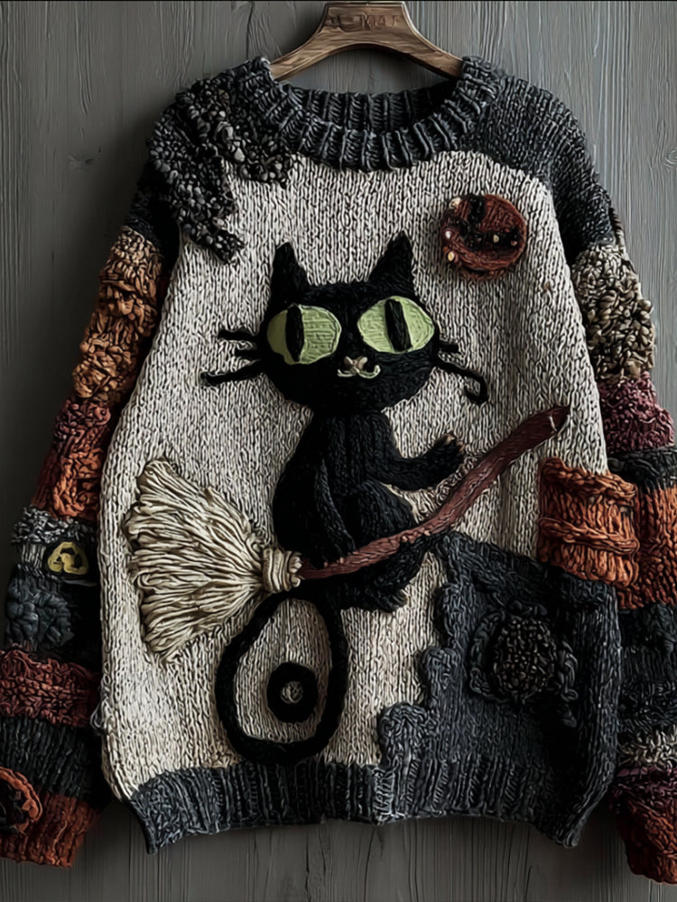 Halloween Riding Broomstick Cat Cat Multi-color Atmosphere Vintage Warm Sweater artswardrobe