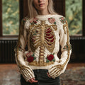 Retro Skeleton & Floral Women's Crew Neck Knit Sweater artswardrobe