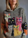 Comstylish Vintage Colorful Cats Cozy Knit Hooded Sweater