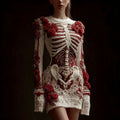Women's Halloween Skeleton Bones With Rose Art Cozy Knit Mini Sweater Dress artswardrobe