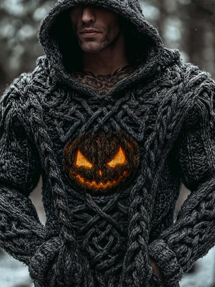 Halloween Viking Evil Pumpkin Light Men's Chunky Knit Hooded Sweater artswardrobe