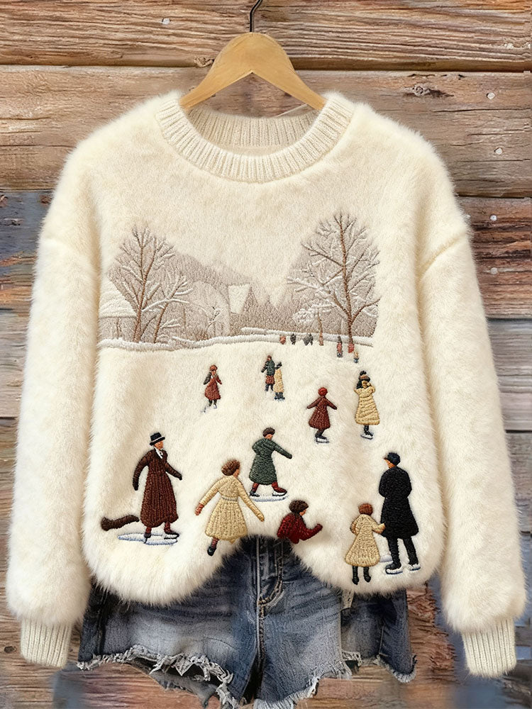 Christmas Season Ice Skating Scenery Cozy Plush Sweater