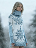 Comstylish Vintage Snowflake Viking Celtic Turtleneck Cozy Sweater Dress