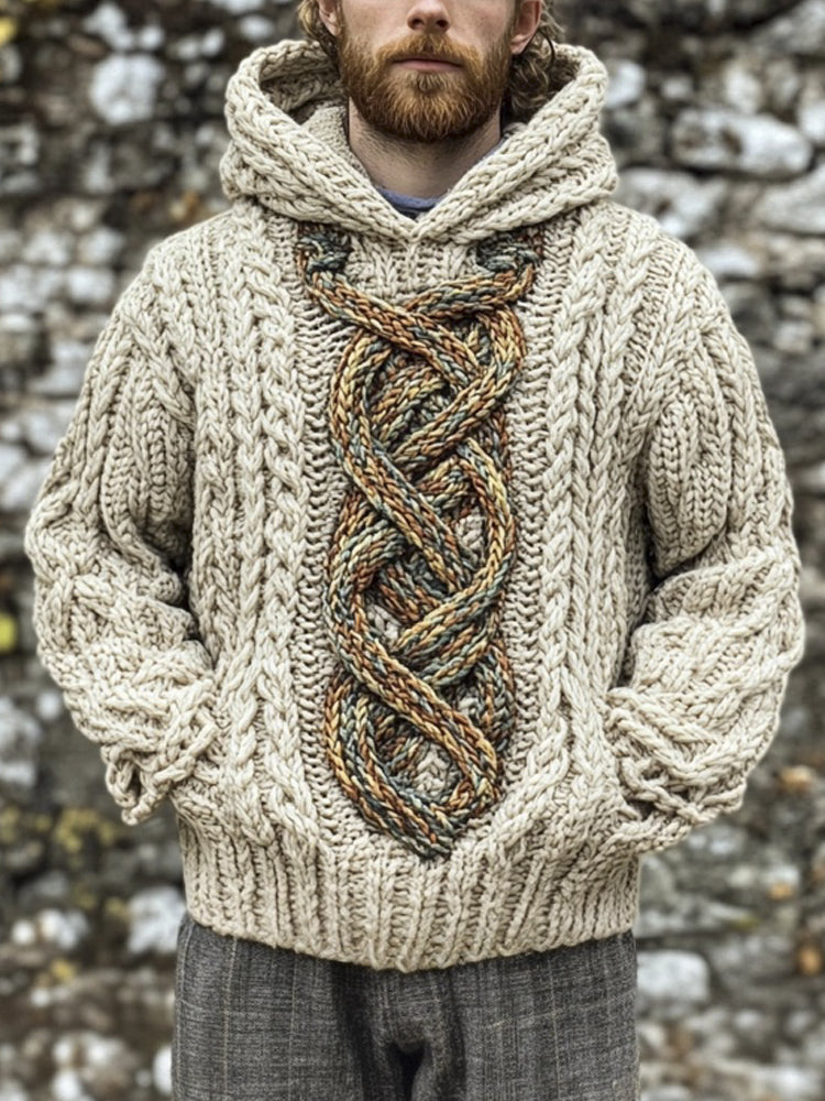 Celtic Knot Knit Pattern Men's Hooded Sweater elevenforest